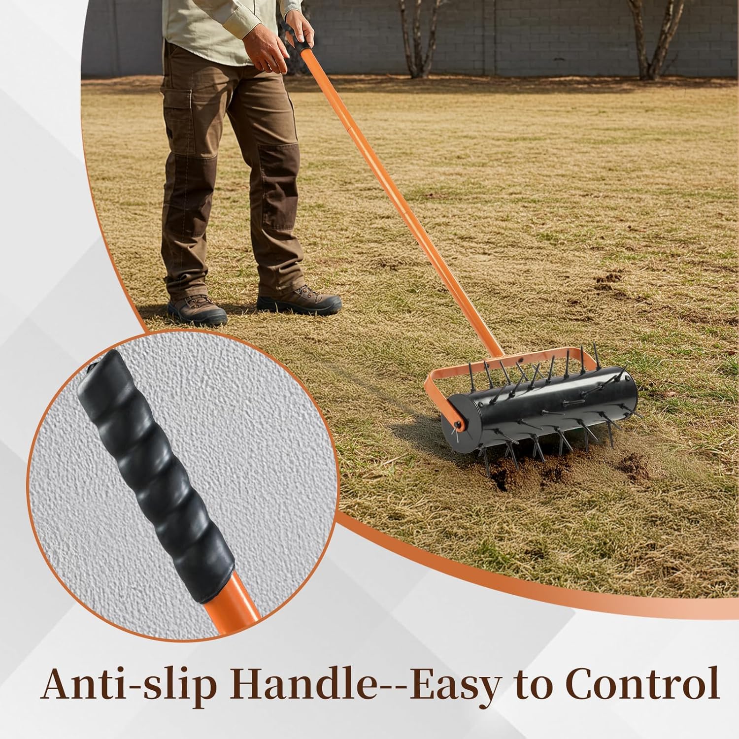 VINGLI Lawn Aerator, 17 inch Heavy Duty Lawn Aerator Tool, Rolling Aerator Lawn Tool with 42 Spikes for Garden Yard Patio Maintaining, Orange & Black