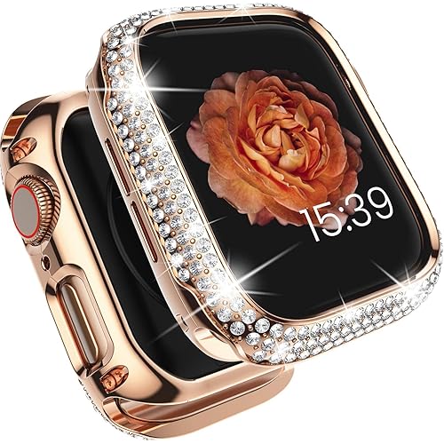 Tensea Metal Bling Case Compatible with Apple Watch Series 6 SE 5 4 44mm Full Cover Protective Screen Protector Diamond Metal Frame for Watch iWatch Gift for Women Girls (Rose Gold, 44mm)