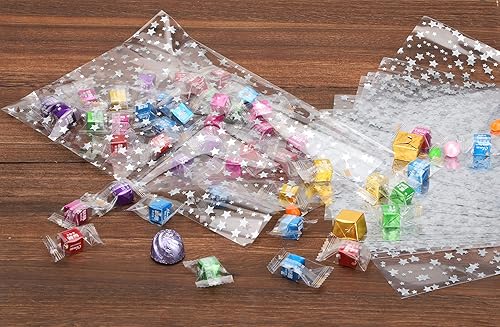 Miniatura 60 de COQOFA 100 bolsas de regalo de estrella rosa de 7 x 12 pulgadas, bolsas de regalo de celofán, bolsas de regalo de fiesta, bolsas de plástico Rosado