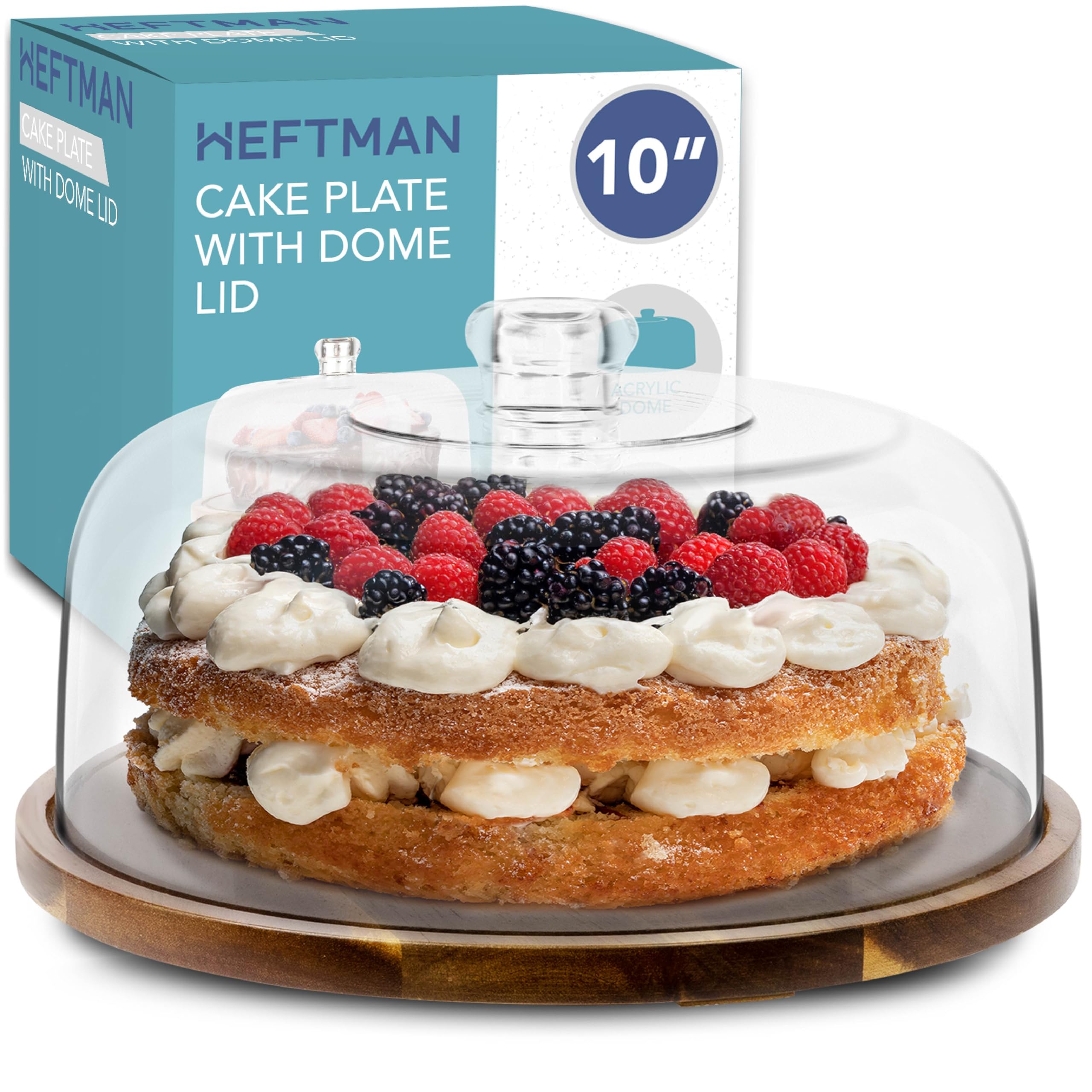 Cake Stand with Dome Lid - 10" Non-Slip Acacia Wood Cake Stand with Clear Acrylic Dome Cover for Cakes, Pastries, Cheese Boards - Ideal for Birthday, Wedding, Party, Café (Flat)