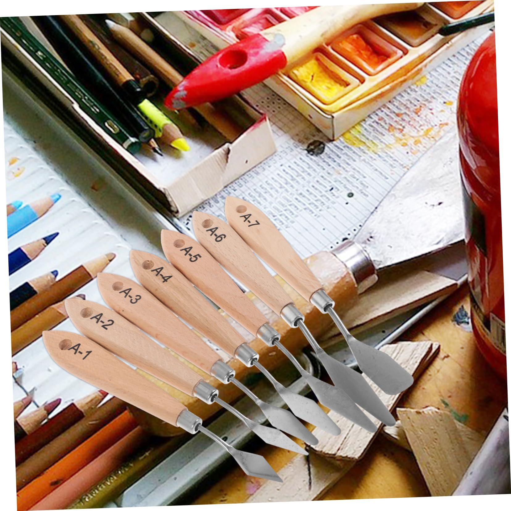 Tofficu 5 Pieds Couteau De Peinture À l'huile d'art Spatule Peinture Couteau Grattoir Laveur De Pinceaux Brosse Nettoyant Palette Glaçage Décoration Pastels Acier Inoxydable 7pcs * 5