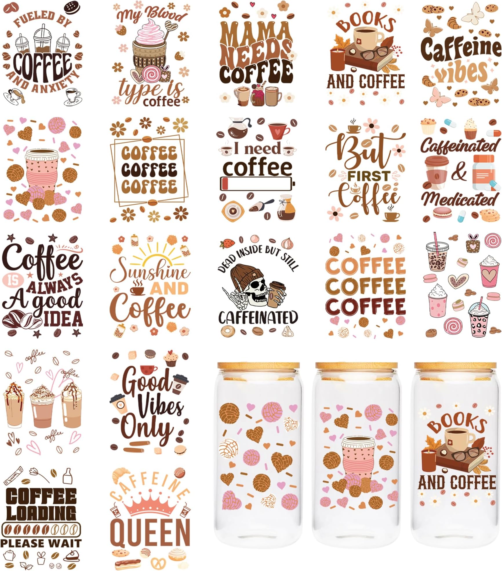 CRASHOT UV DTF Cup Wrap - Pack of 20 Coffee UV DTF Cup Stickers for Cup, Water Bottle, Glass, Coffee Vibes, Skull, Ice Cream, Book, Flower Design, Gift for Friends, Teachers, Classmates