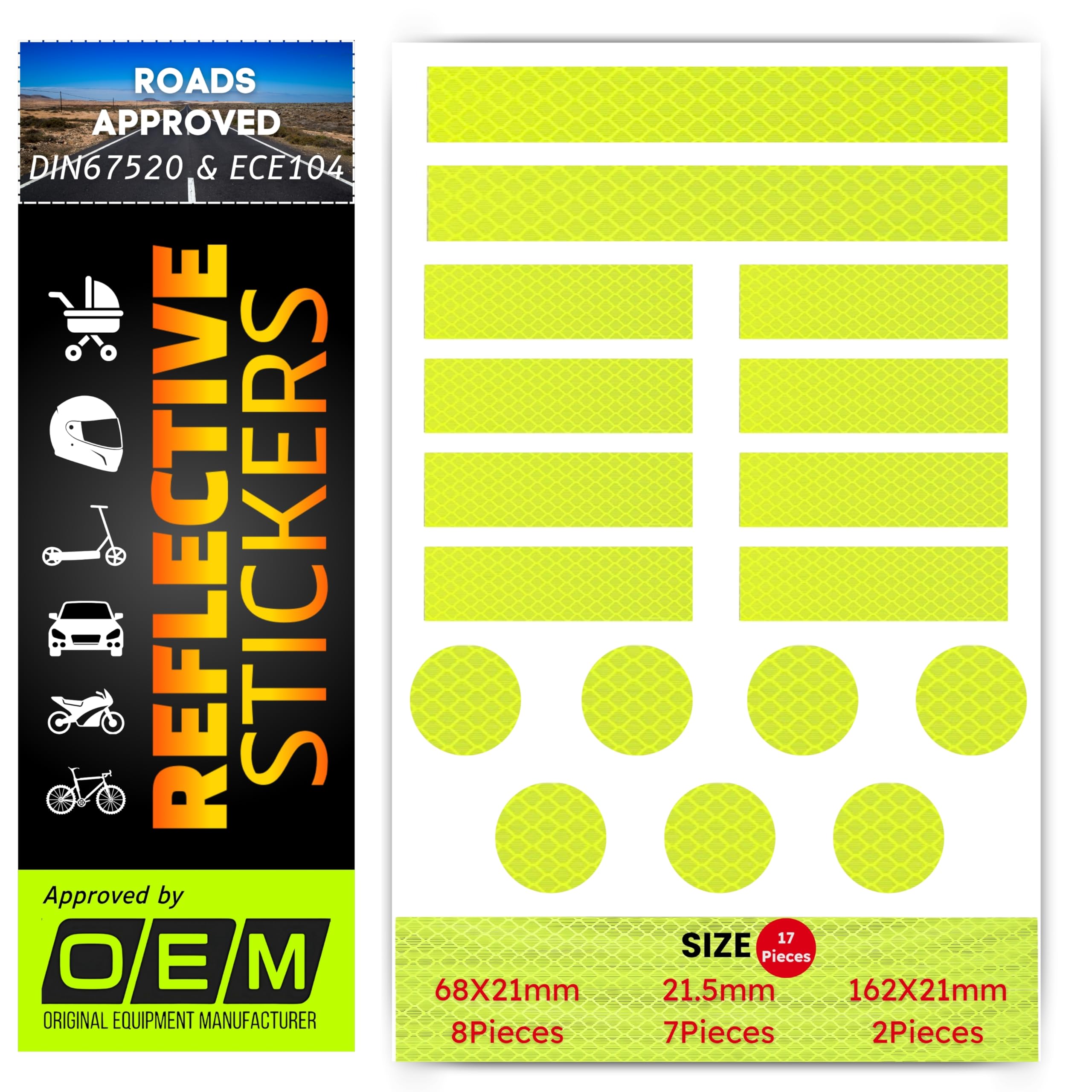 DIN67520 ECE104 - Adesivo riflettente, impermeabile, riflettente, per auto, moto, casco, bicicletta, materiale di grado diamond (Flu giallo/verde 4083, set da 17)
