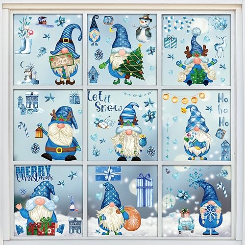 Whaline 9 calcomanías de ventana de invierno, estilo acuarela, gnomos azules, calcomanías de ventana de Navidad, calcomanías de PVC con doble