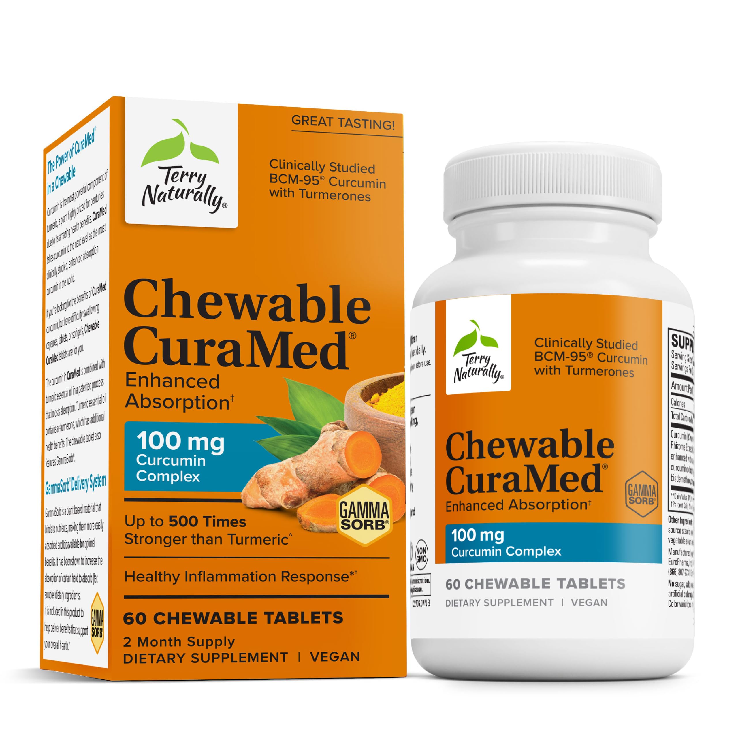 CuraMed 100 mg Curcumin Complex - Enhanced Absorption Curcumin Supplement with Turmeric - Brain & Liver Health Support Supplement - Vegan Dietary Supplement - 60 Chewable Tablets