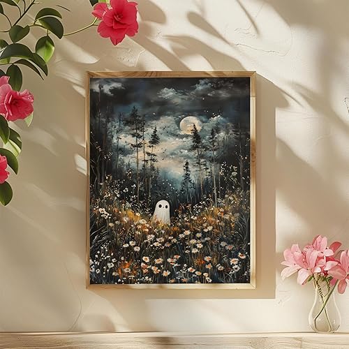 Miniatura 5 de BIGAOYS Arte de pared caprichoso de Halloween, fantasma en bosque mágico, flores silvestres, prado, arte de pared, encantador y espeluznante para la