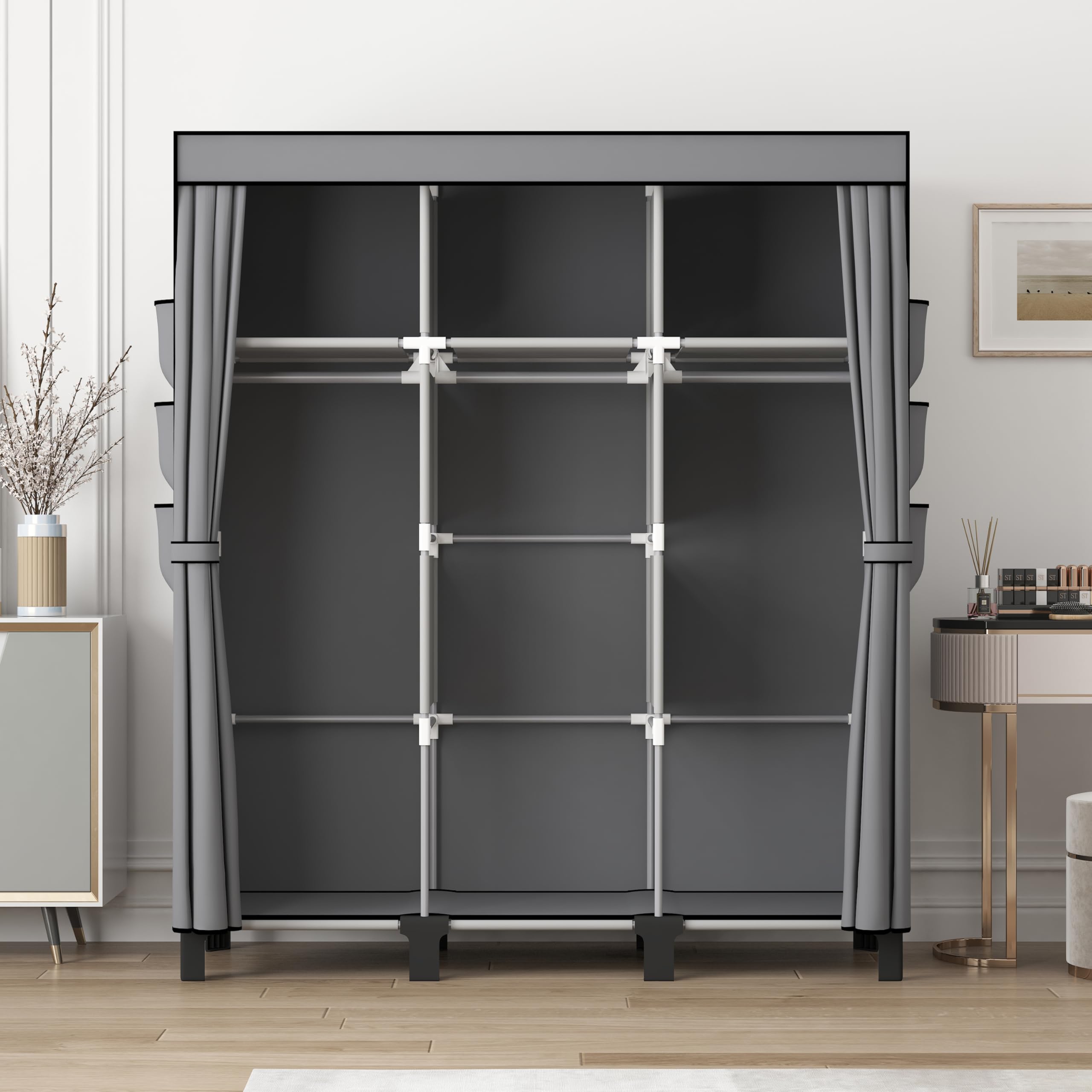 Tragbarer Schrankschrank mit 3 Hängebereichen und Seitentaschen, stabiler Kleideraufbewahrungs-Organizer mit Installationshammer, 51 W, schwarzer Schlafzimmerschrank (grau)