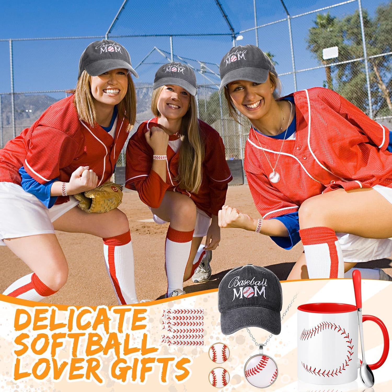 12 Pcs Mother's Day Baseball Mom Gifts Set Include Baseball Mom Hat, Coffee Cup with Spoon, Sport Hair Ties, Ball Necklace, Earrings for Mother Women Mama Birthday Gifts Player Coach Team - Image 6