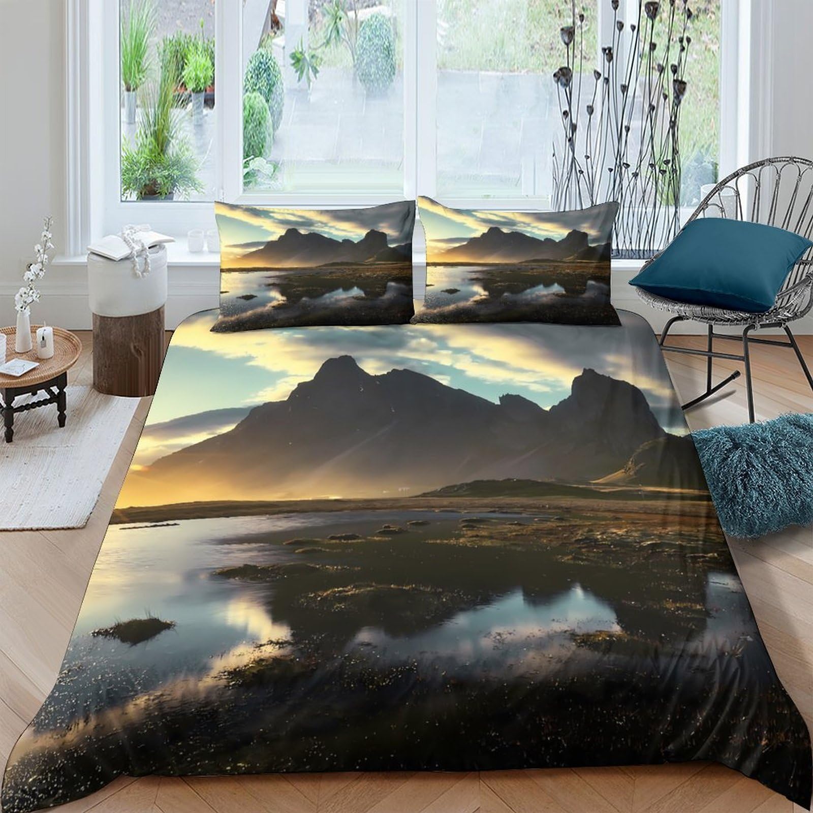 Ctjqhvkz Style-3 3D Printed Mountain Sunset Fitted Sheet Microfiber Soft Anti-Slip Lake Reflection Mattress Cover For Bedroom Dorm Decor Single（135X200cm）