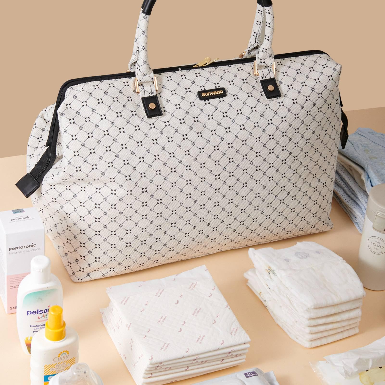 Sunveno Borsa per pannolini da viaggio, borsa per pannolini regolabile, borsa per passeggino, organizer per bambini, grande capacità, borsa per pannolini per maternità