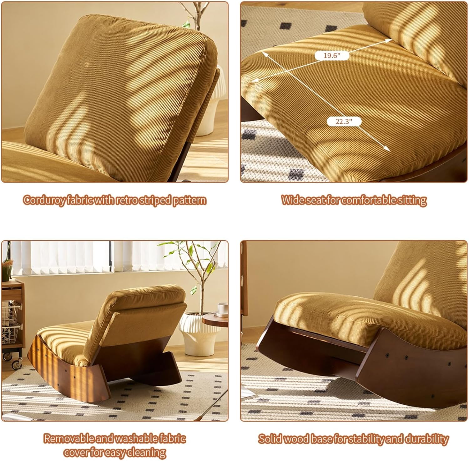 Armless Rocking Lounge Chair, Upholstered Glider Chair with Solid Wood Base & One-Piece Backrest and Cushion, Mid-Century Soft Fabric Accent Chair, Comfy Sleeper Chair for Small Space, Orange