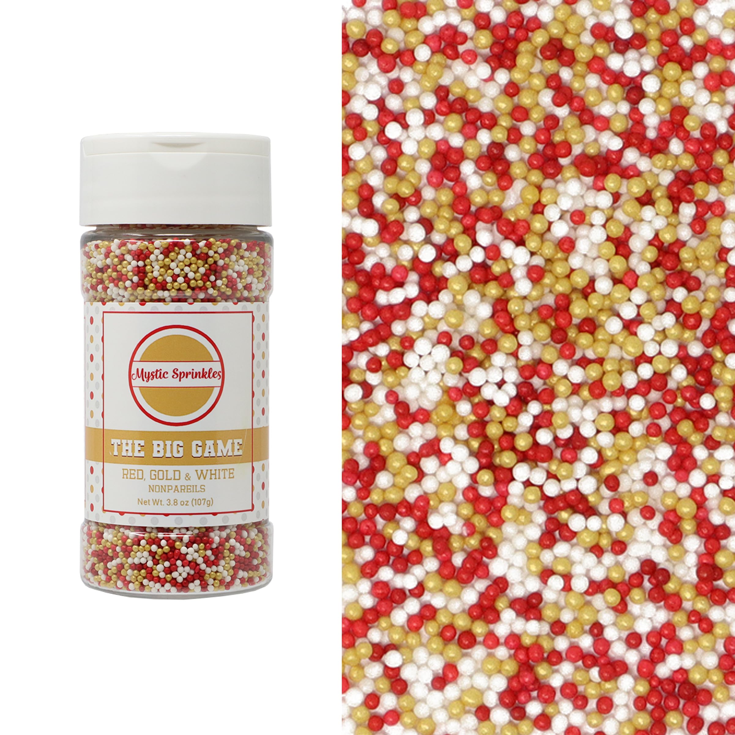 Mystic Sprinkles The Big Game Nonpareil Mix 3.8oz Bottles (Red, Gold & White)