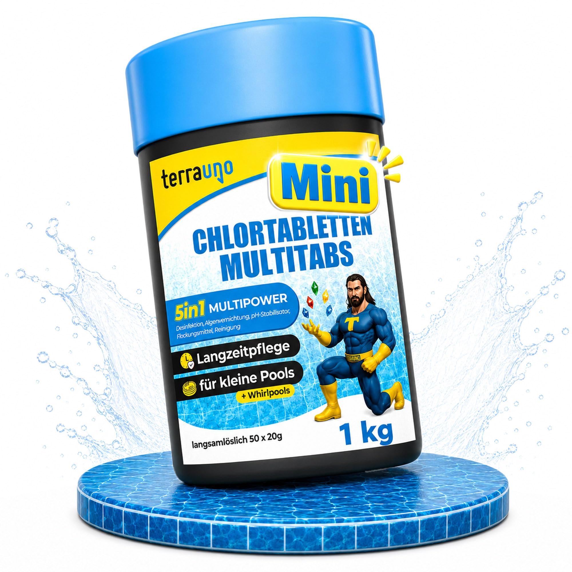 TerraUno Mini Chlortabletten Pool 1 kg, 20g Multitabs 5 in 1 langsamlöslich, Multifunktionstabletten mit Langzeitpflege für Pools, Planschbecken und Whirlpools, Aquamarin für kristallklares Wasser
