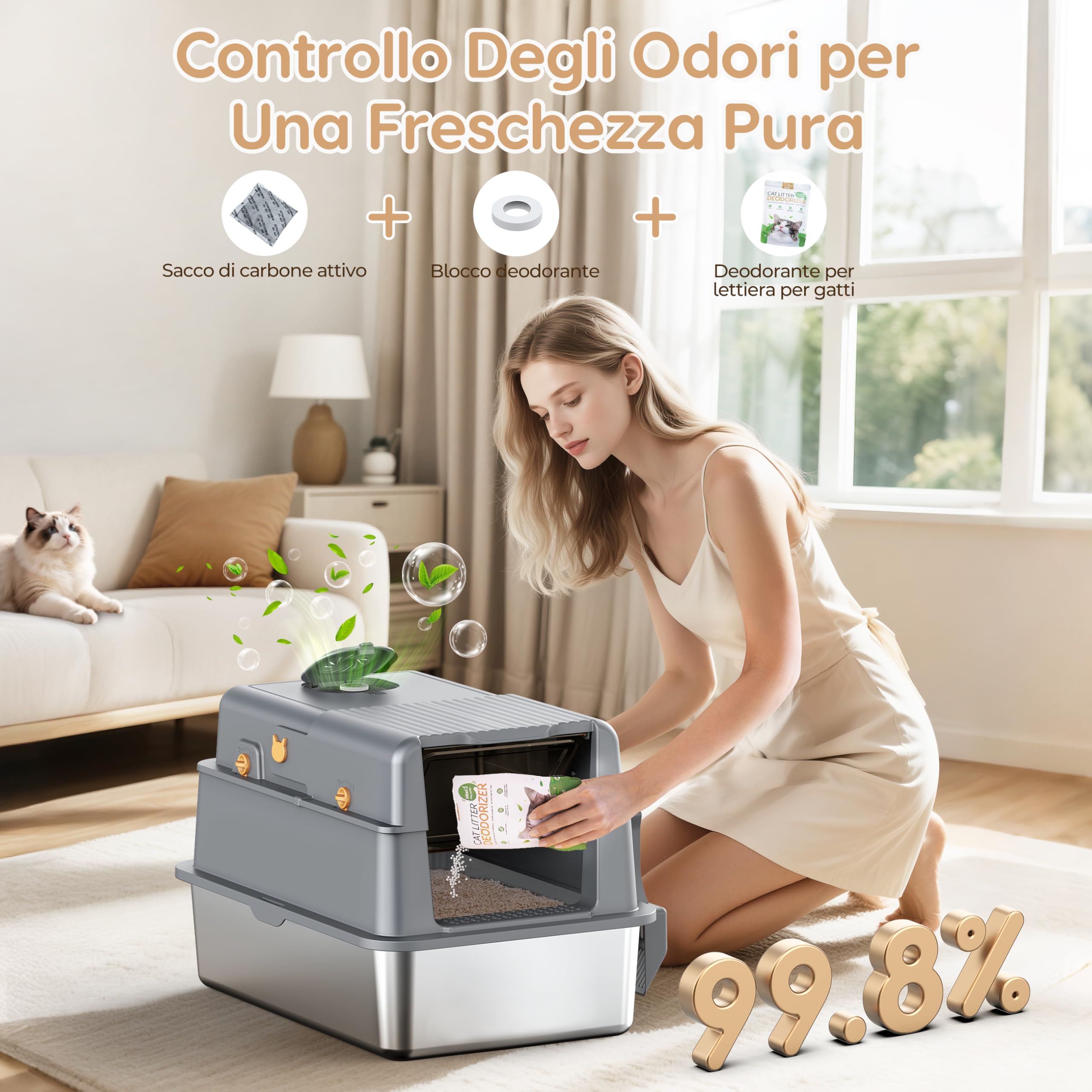 PalNests Lettiera per Gatti in Acciaio Inox, Lettiera per Gatti XXL con Coperchio Ribaltabile a 105° e Paletta, Lettiere in Metallo Rimovibile con Carbone Attivo, con Deodorante per Lettiere per Gatto