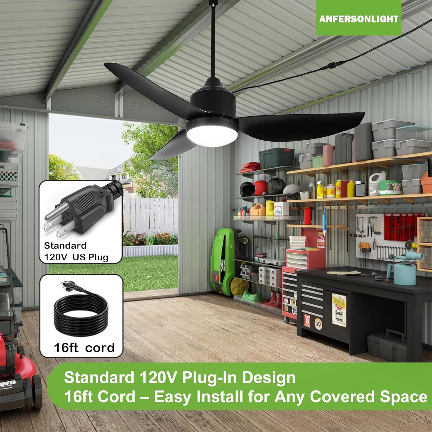 Outdoor Ceiling Fan with Light and Remote, 42-Inch LED 3-Blade Gazebo Fan for Patios, Waterproof DC Motor, 6-Speed Reversible, Dimmable, Timer, 3 Downrods, Black