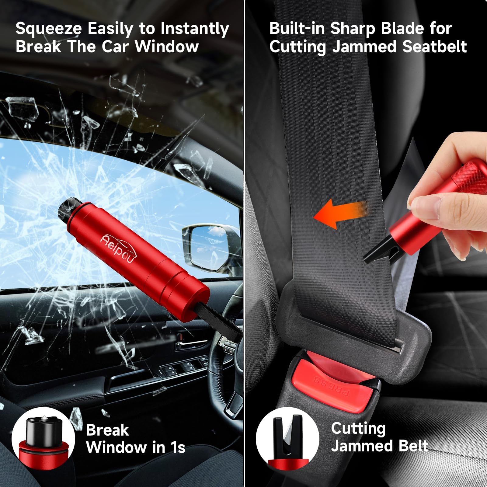 Lompyeu Lot De 2 Marteaux De Sécurité Voiture – Brise-Vitre & Coupe-Ceinture 2 En 1 (Noir + Rouge)