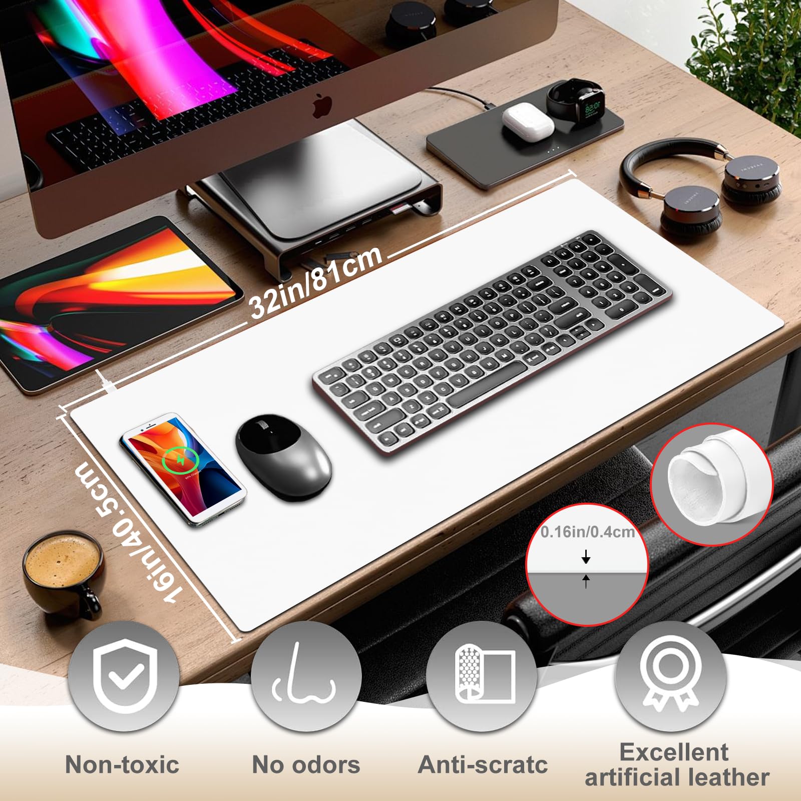 Tappetino da scrivania con ricarica wireless, tappetino per mouse bianco con caricabatterie wireless, tappetino da scrivania opaco per desktop, tappetino per mouse da gioco, tappetino per mouse grande