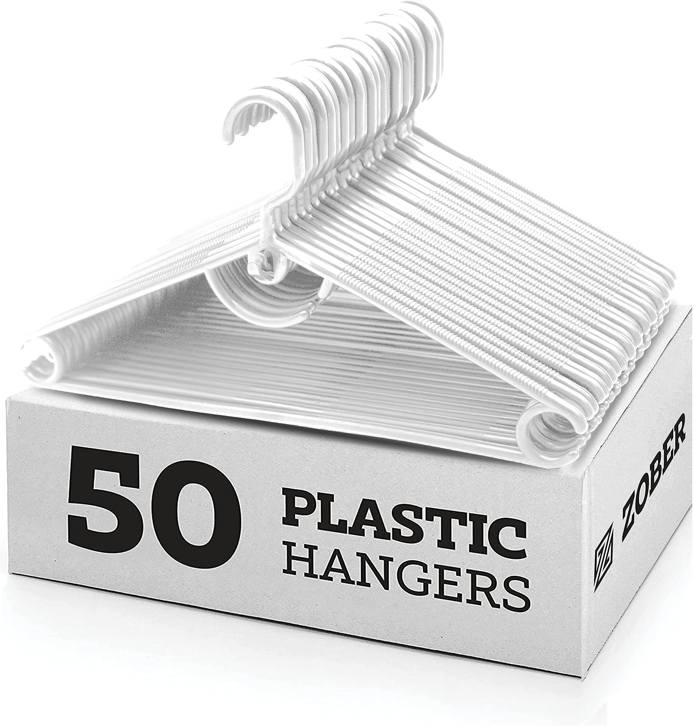 ZOBER Standard Plastic Hangers Pack of 50, Durable Slim Lightweight Clothes Hangers with Built-in Strap Hooks, Space Saving Closet Organizer for Shirts, Pants & Dresses
