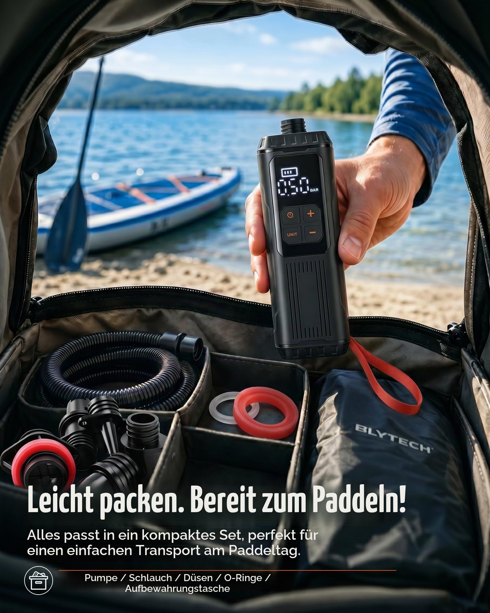 Mini Paddle Board Pumpe, Tragbare SUP Luftpumpe mit Akku, Leichte Elektrische Inflator 12PSI Automatische Abschaltung, USB-C Wiederaufladbar für Paddle Boards, Kajak, Pool Floats