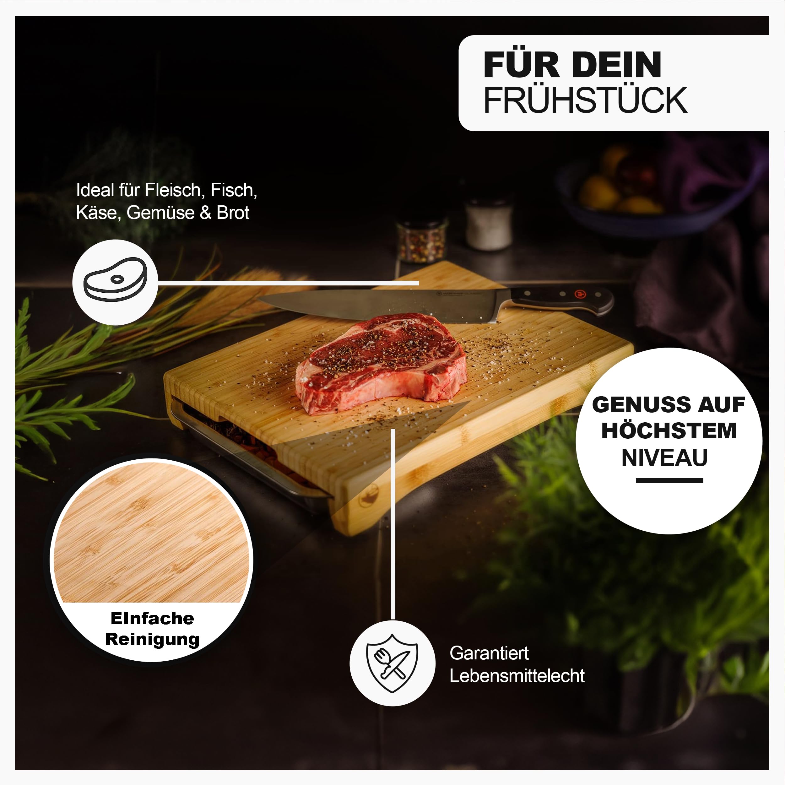 Grünhirsch® Premium Schneidebrett Bambus mit 3 x Auffangschale (Gr. 40x30x7cm) - Holzbrett & Küchenbrett Küche - Profi Cutting Board Set aus Holz - Holzschneidebrett mit 3 Auffang-Behälter (groß)