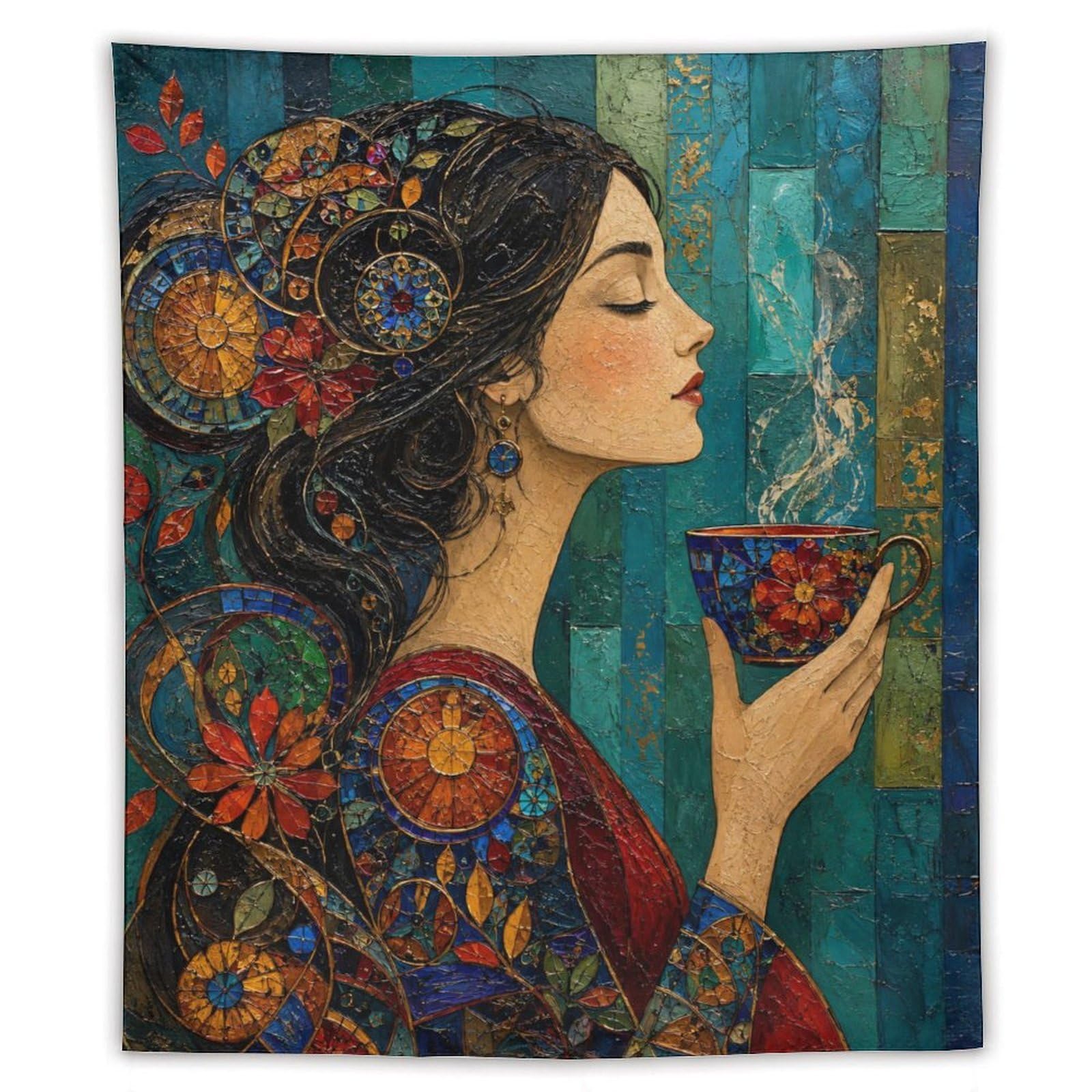 W7C8U2X3 Woman with Teacup Wall Tapestry, Mosaic Style, Mosaic Art