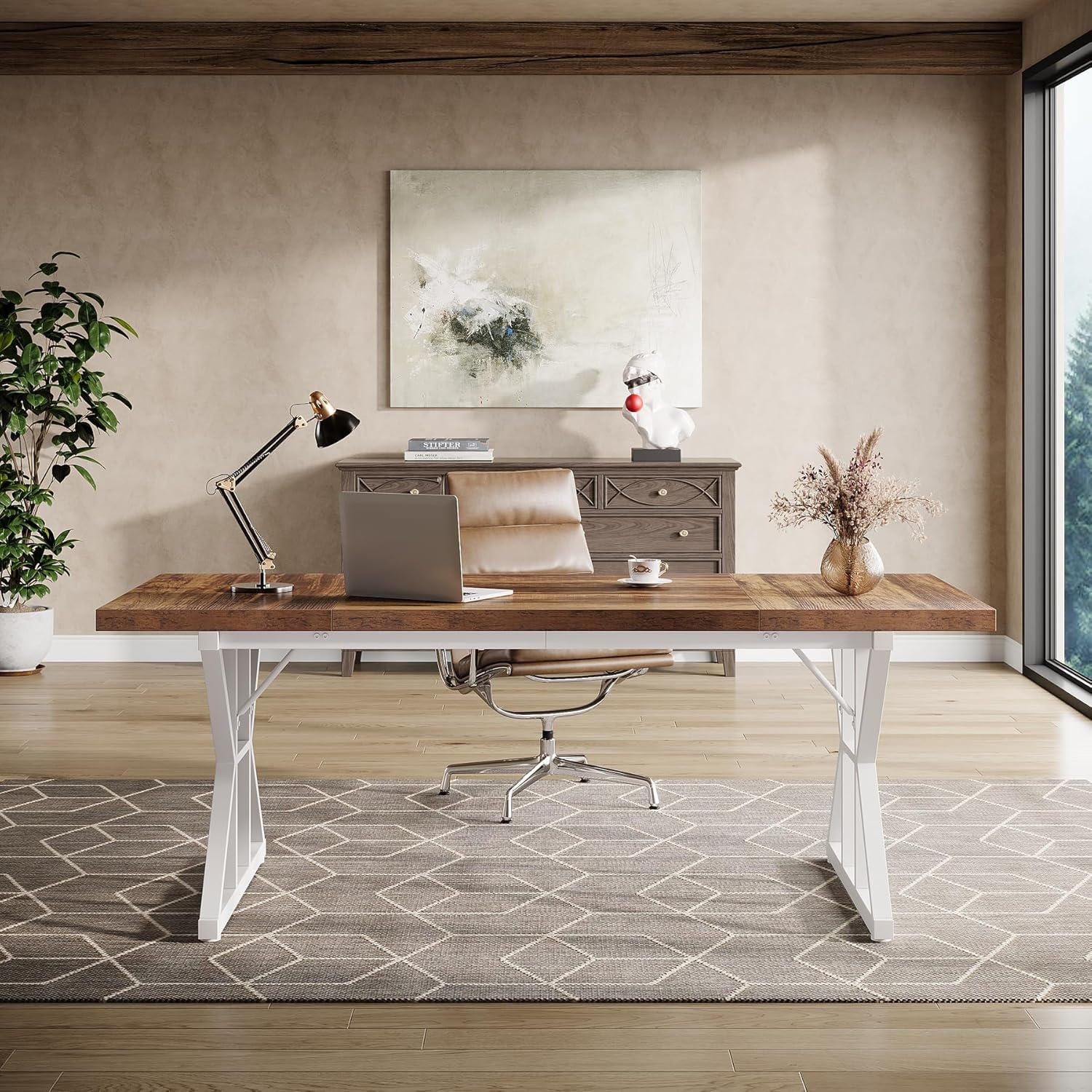 Tribesigns 70.86-Inch Large Executive Desk, Industrial Home Office Computer Desk, Simple Long Writing Study Table Business Furniture (Brown-White)