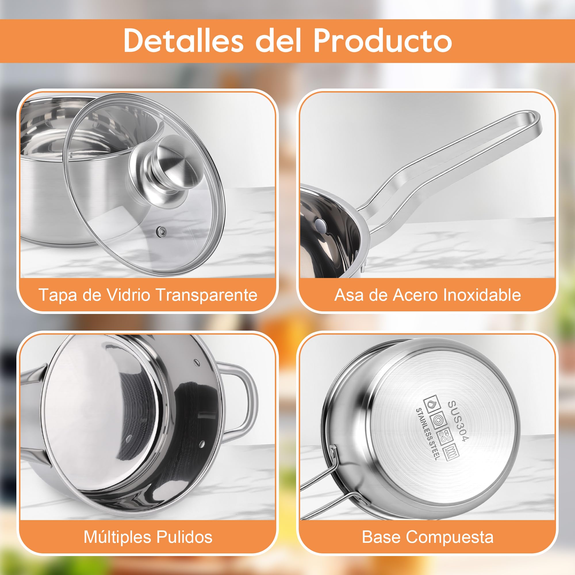 Batería de Cocina 8 Piezas Acero Inoxidable 304, Juego de Ollas y Sartenes Inducción con Tapas de Cristal, Cacerolas Multicapa para Todas las Cocinas, Fácil Limpieza