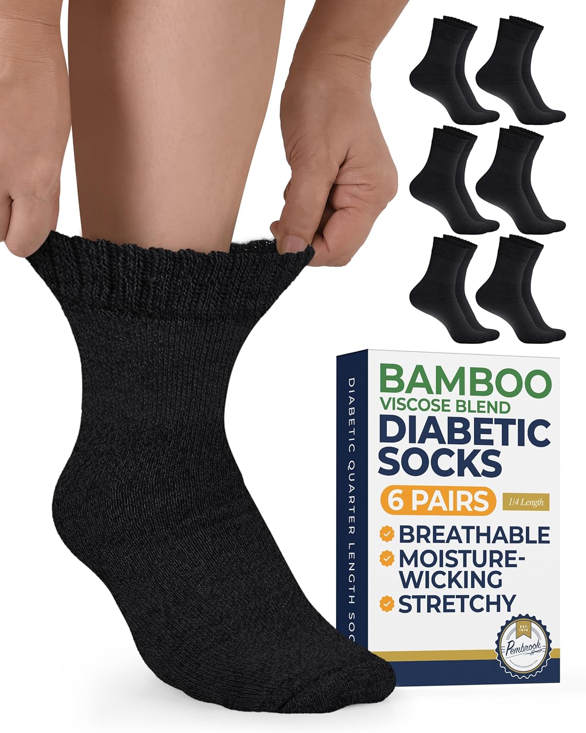 Pembrook Bamboo Viscose Diabetic Socks for Women & Men - 6 Pairs Ankle Socks for Swollen Feet | Neuropathy Socks