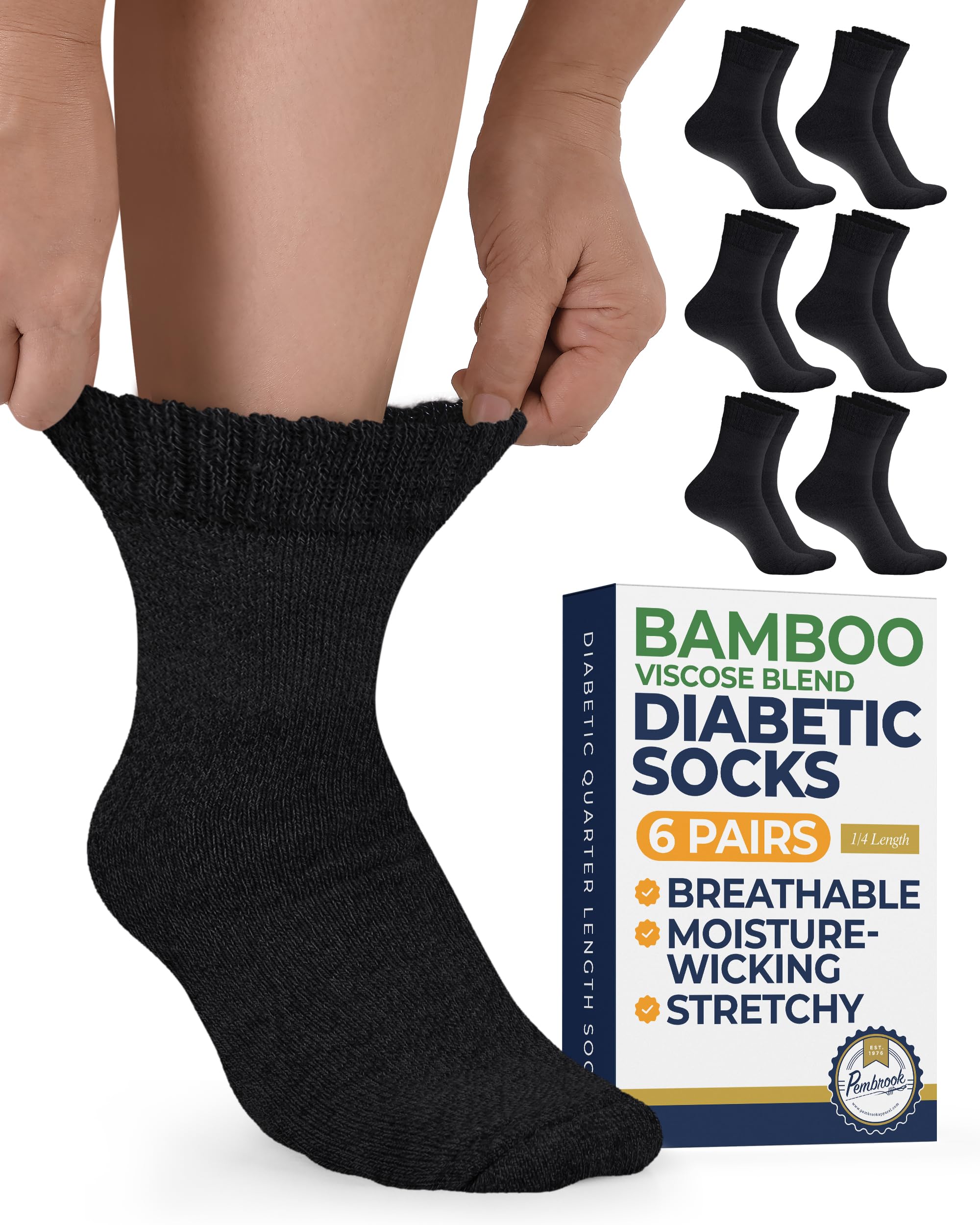 Pembrook Bamboo Viscose Diabetic Socks for Women & Men - 6 Pairs Ankle Socks for Swollen Feet | Neuropathy Socks | Ankle Neuropathy Socks for Men | Stretch Top Mens Diabetic Socks | Black
