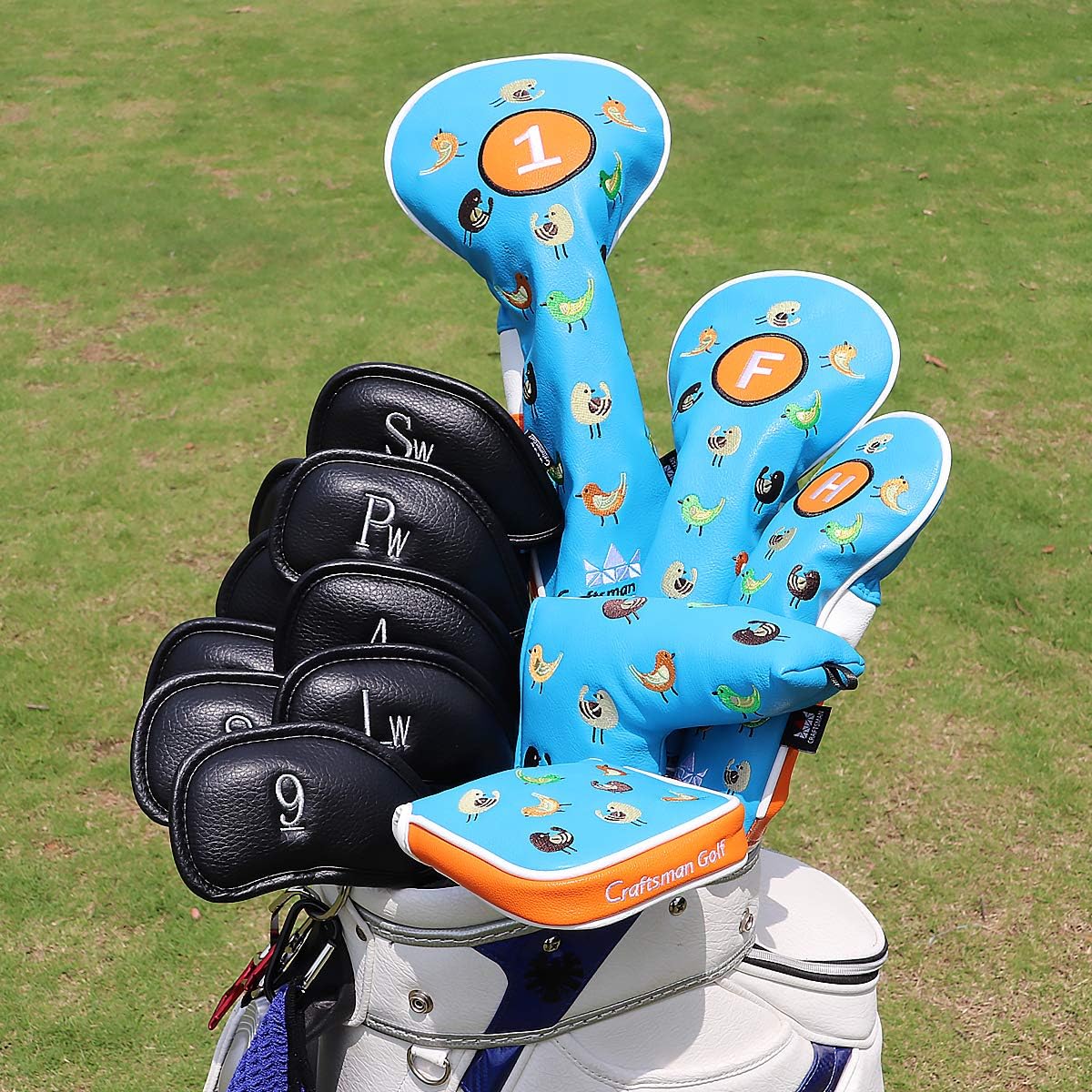 Craftsman Golf Birdie Birds Blue Driver Fairway Wood Hybrid Mallet Blade Putter Cover Headcover