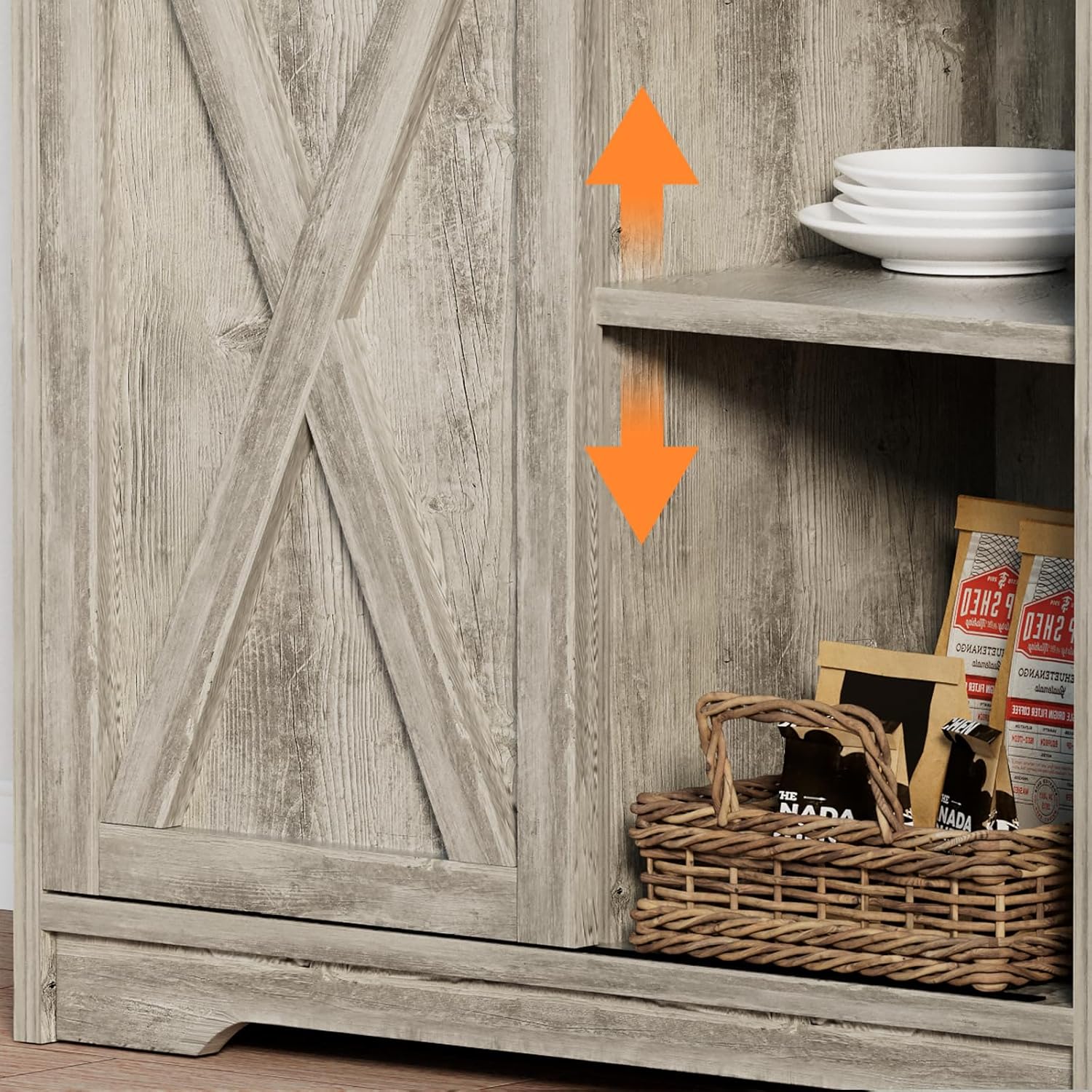 31" W x 15.7" D x 55.99" H Rustic Grey Farmhouse Coffee Bar Cabinet, 3-Tier Hutch with Sliding Barn Doors, 6 Mug Hooks, 5 Adjustable Shelves, Ideal for Kitchen, Dining Room or Living Room