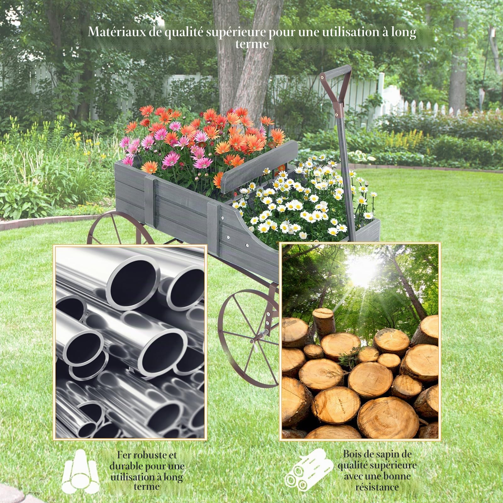 HOMASIS Brouette en Bois pour Plantes, Chariot de Jardin avec Roues en Métal et 2 Compartiments, Jardinière en Forme de Monocycle Décoratif pour Jardin, Terrasse, Patio, 63 x 35 x 62,5 cm (Gris)