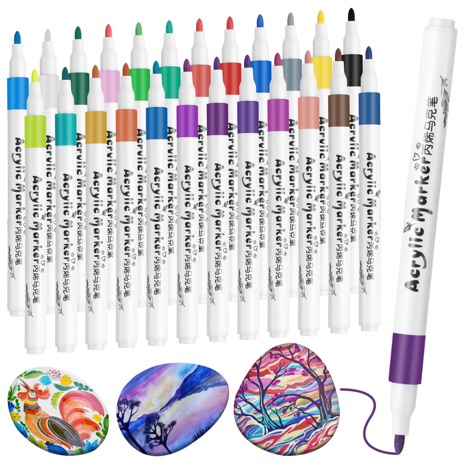 JIANTA Rotuladores Acrílicos 24 Colores - Pintura Fina Permanente para Piedras, Madera, Cerámica, Plástico, Tela, Metal - Marcadores de Pintura Acrílica