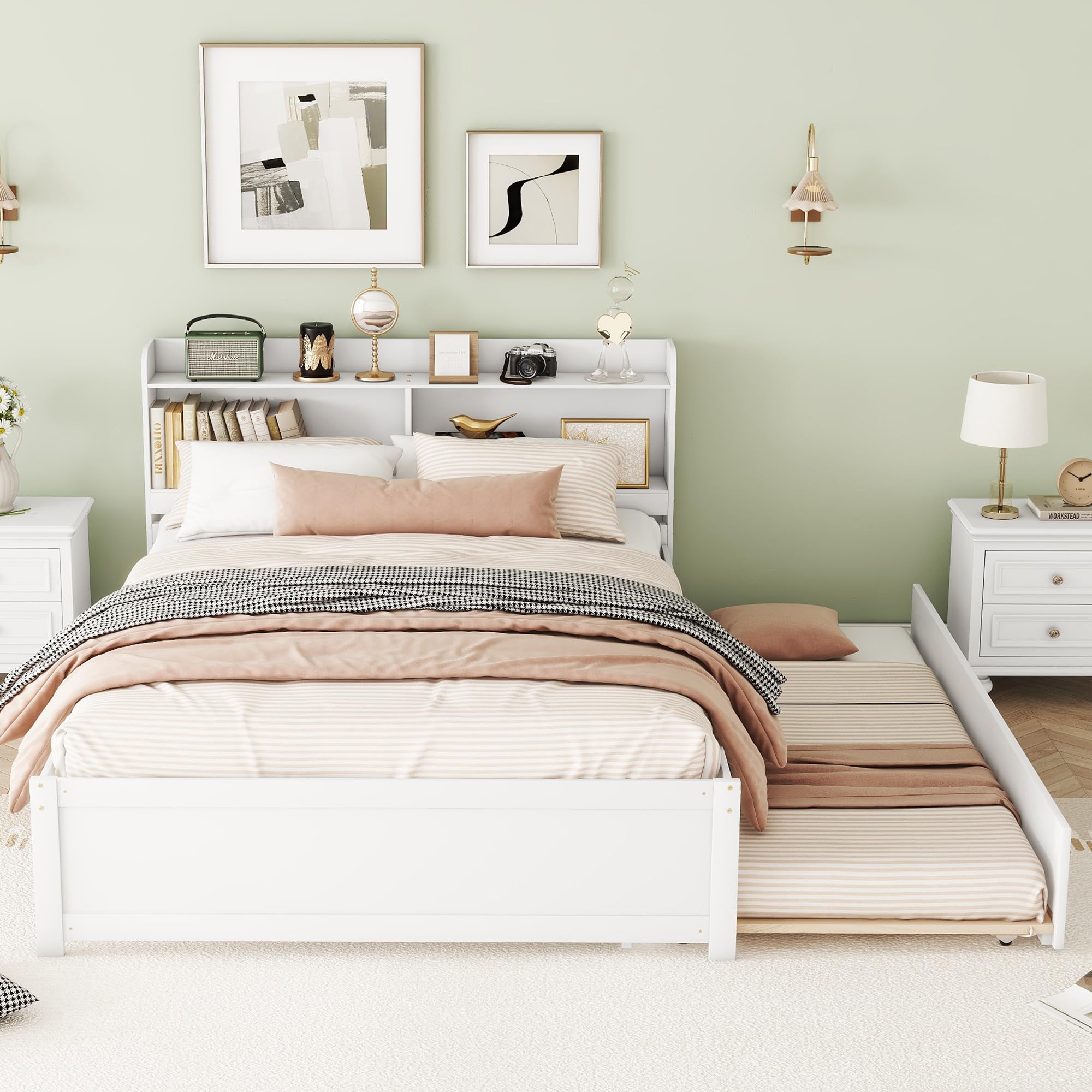 Harper & Bright Designs Full Bed with Trundle, Full Trundle Bed with Bookcase Headboard, Wood Full Size Platform Bed with Twin Trundle Bed Under for Kids Girls Boys, White