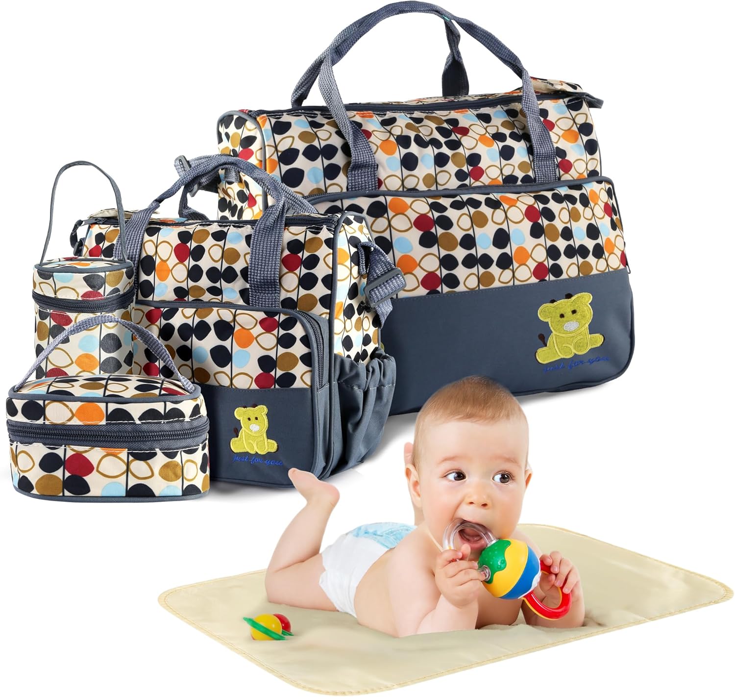 5 PCS Diaper Bags Tote Set for Boy Girls Mom, Large Capacity Baby Bag Multifunctional Maternity Bag for Travel Changing