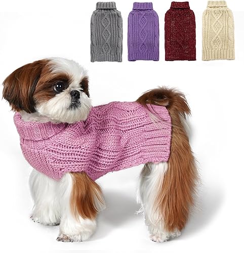 KYEESE Suéteres para perros pequeños, cuello alto, suéter de punto trenzado para mascotas con hilo dorado para clima frío, rosa, talla M