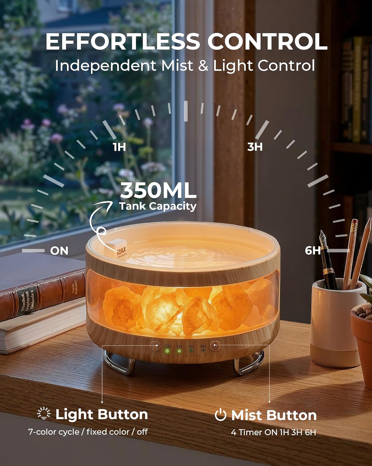 Essential Oil Diffuser with Himalayan Salt Lamp, 350ml Ultrasonic Aromatherapy Humidifier, 7 Colors LED Light, Timer & Auto Shut-Off for Home Bedroom Office Spa Yoga