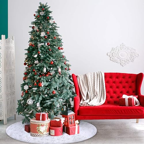 Miniatura 7 de Falda de árbol de Navidad  48 pulgadas, falda de árbol de piel sintética blanca nevada grande con patrón de nieve plateado para decoraciones de