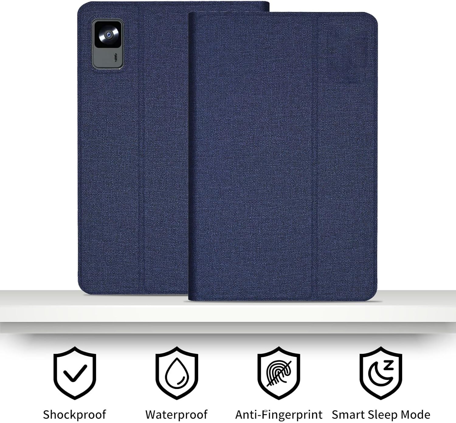 YANMONGI tablet case highlighting features like shockproof, waterproof, anti-fingerprint, and smart sleep mode.