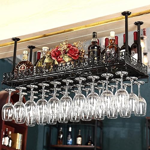 Miniatura 2 de Estante de vino de techo con soporte para vidrio, estante colgante de metal vintage, altura ajustable, bar y almacenamiento para el hogar 120 × 13.8