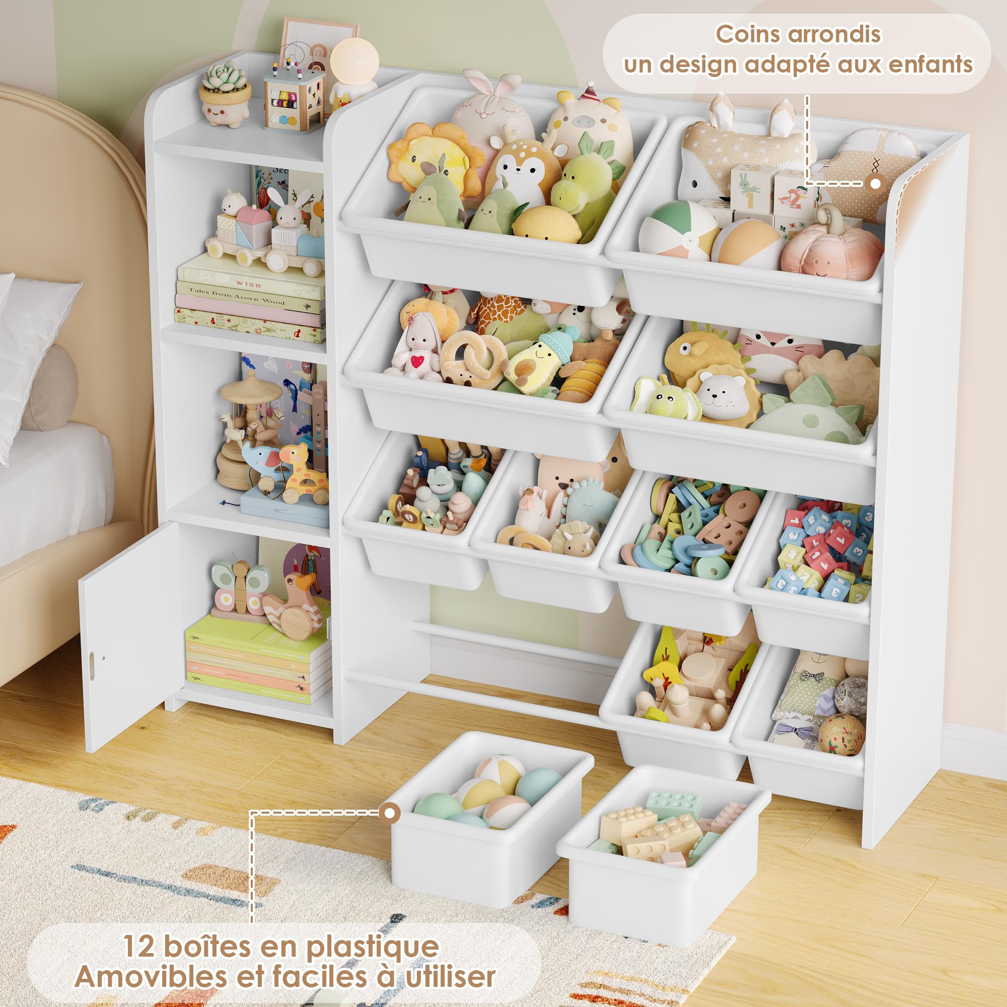 FOREHILL Meuble de Rangement Enfant avec 12 Boîtes Amovibles Bibliothèque Enfant 4 Étagères Meuble Rangement Jouets pour Chambre d’Enfant Salon 112,5x30x100cm Blanc