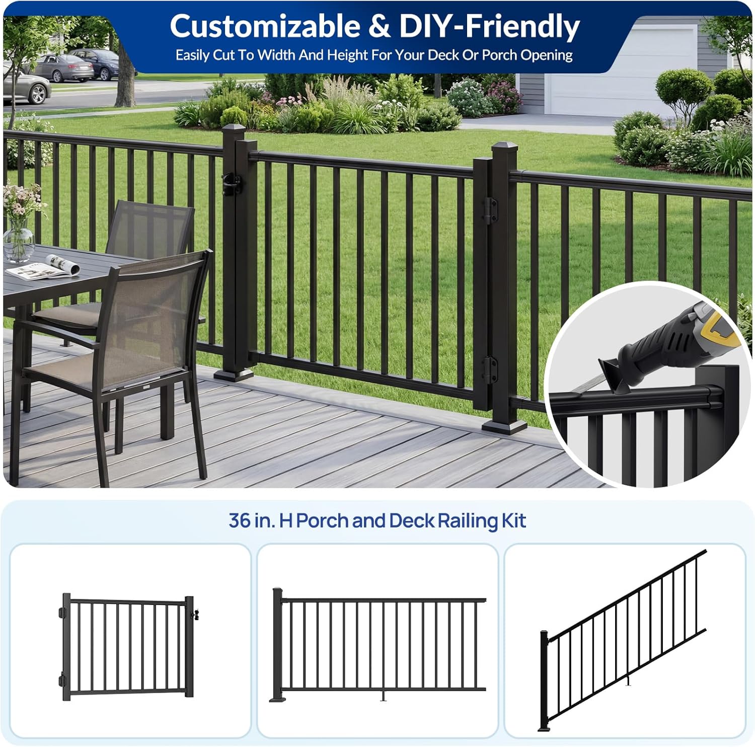 Egadis 36in.H x 4 ft.W Welded Aluminum Deck Gate Kit with Latch and Auto-Closing Hinge, Designed for Super Easy DIY, Cuttable AAMA 2604 Outdoor Gate Kit for Deck, Patio, Garden, Yard, Porch