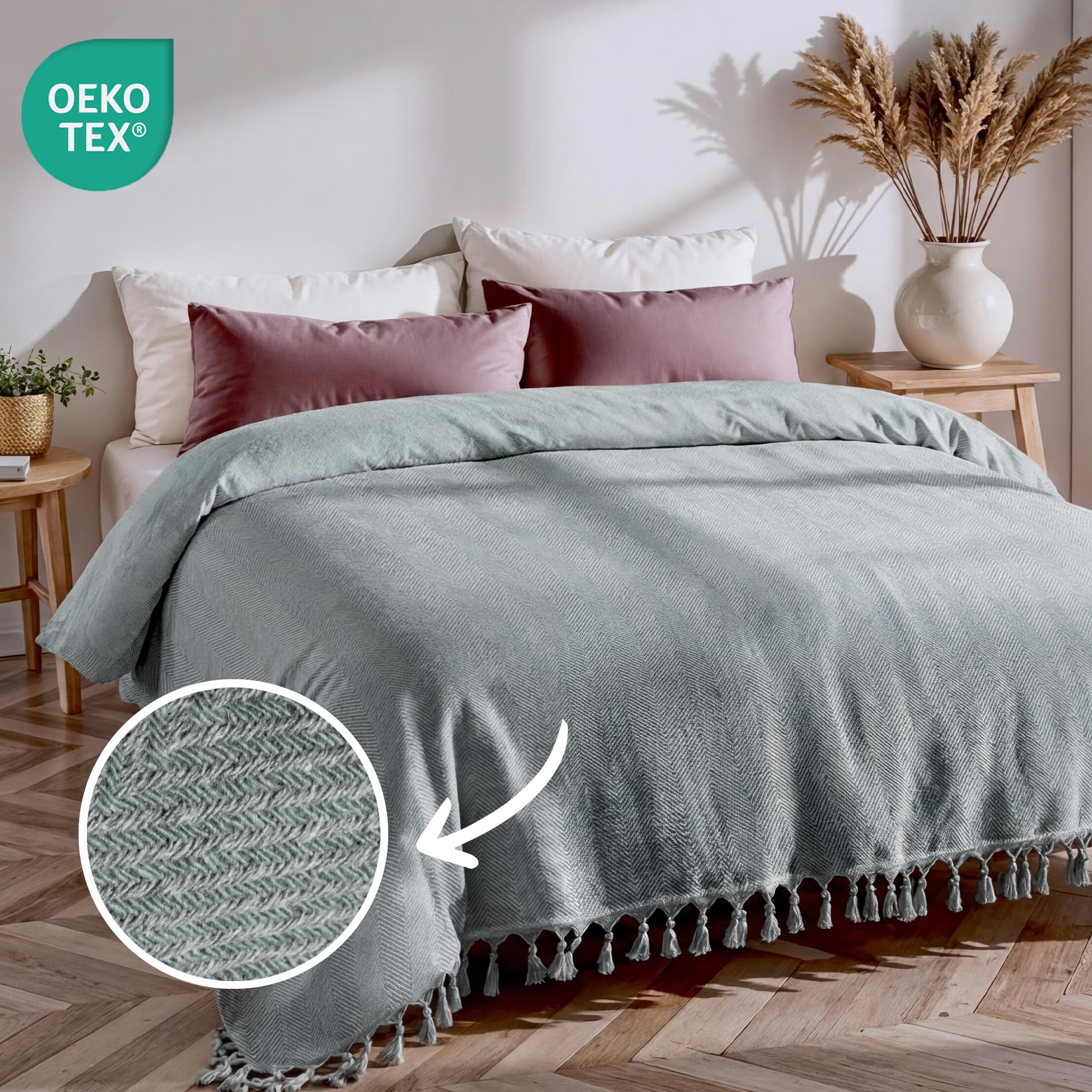 Loomvia Kanepe, Koltuk ve Yatak Örtüsü - 200x220 cm -%100 Pamuk İplik - Nefes Alır ve Yakmaz - Oturma Odası ve Yatak Odası Dekorasyonu - Orta Kalınlıkta Pamuk Battaniye - Boho Tasarım - Adaçayı