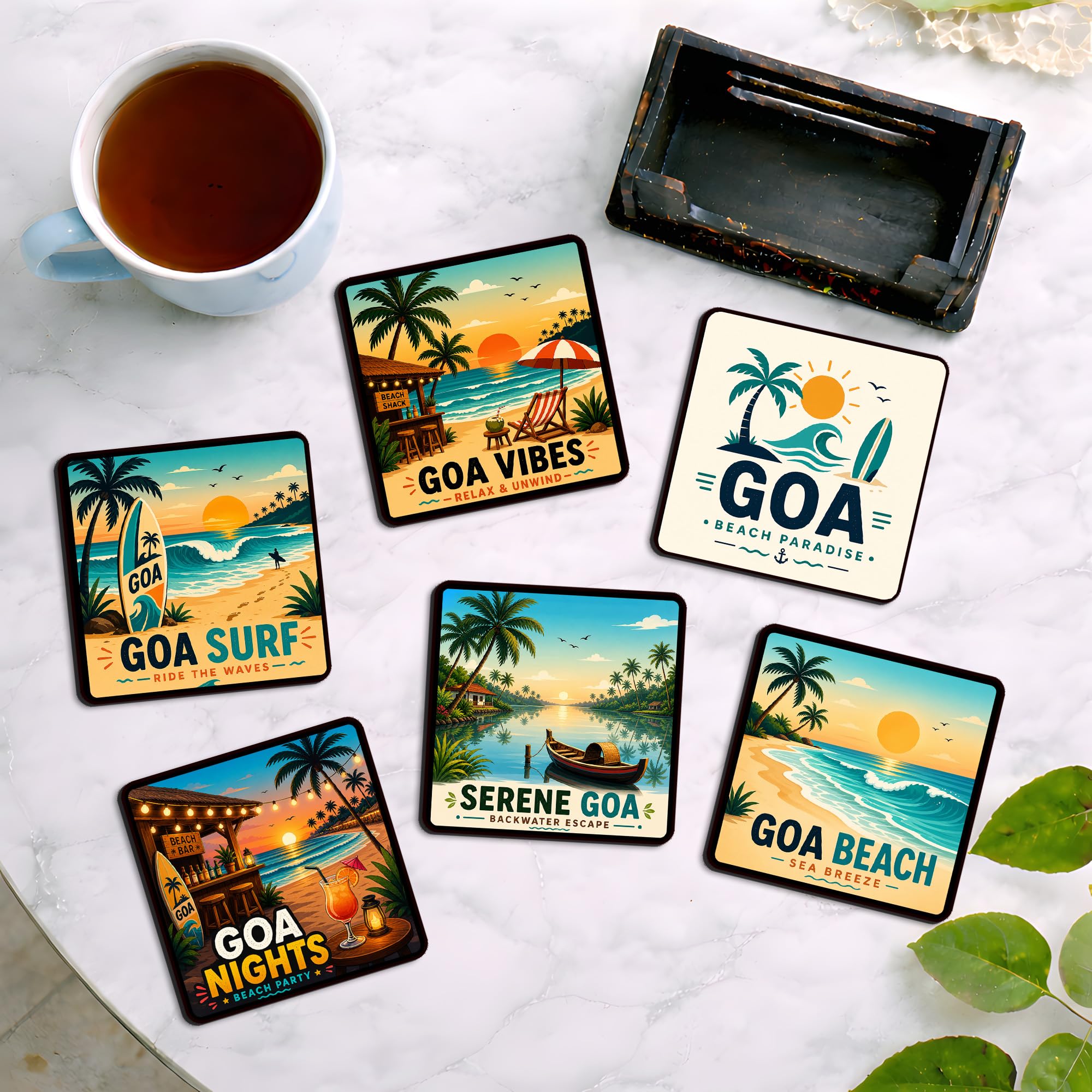 Regalo Casila Goa Beach Theme MDF Coaster Set of 6 Pieces with Stand Tropical Coastal Artwork Goa Vibes Surf Beach Paradise Anti Slip Tea Coffee Drink Coasters-image-35