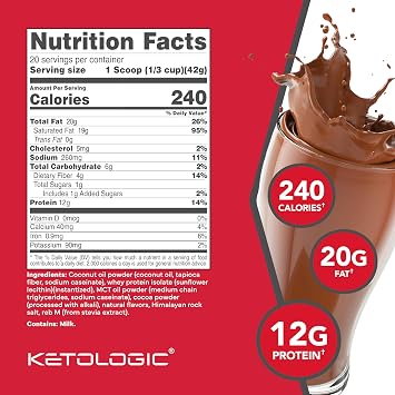 KetoLogic Keto Meal Replacement Shake Powder for Optimal Results + MCT Oil + Grass-Fed Whey - Perfectly Formulated Macros for Ketosis - 20 Servings - Chocolate