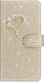 IKASEFU Compatível com Samsung Galaxy S7 Edge Brilhante Strass Diamante Brilhante Glitter Carteira com Suporte para Cartão Flash Couro PU Magnético Folio Flip Capa Protetora À Prova de Choque Dourada