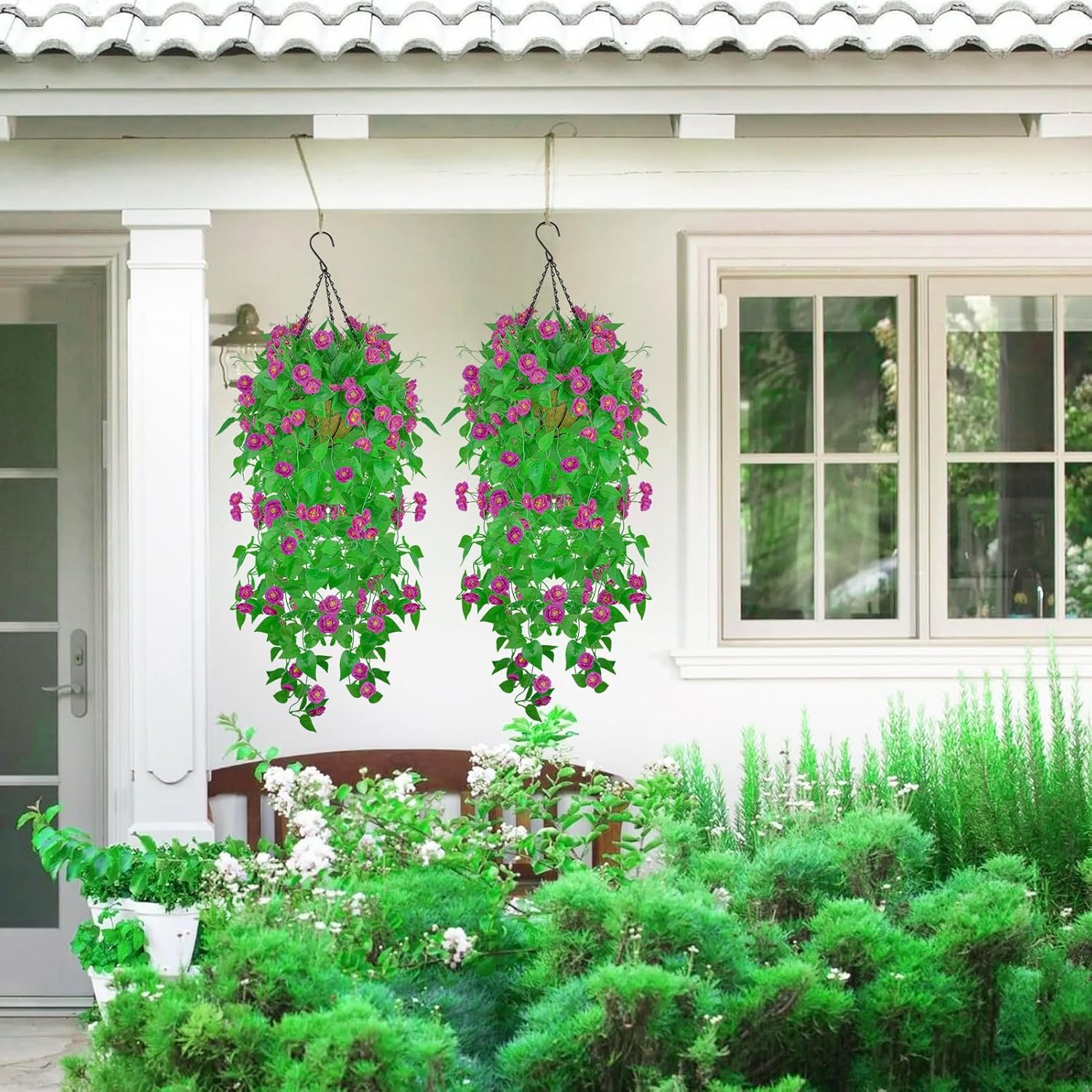 Artificial Fake Hanging Plants Flowers Basket for Outdoor Spring Summer Decorarion, UV Resistant Faux Plastic Fabric Silk Flowers Rose for Indoor Outside Garden Porch Patio Balcony Decor (Purple) - Image 4