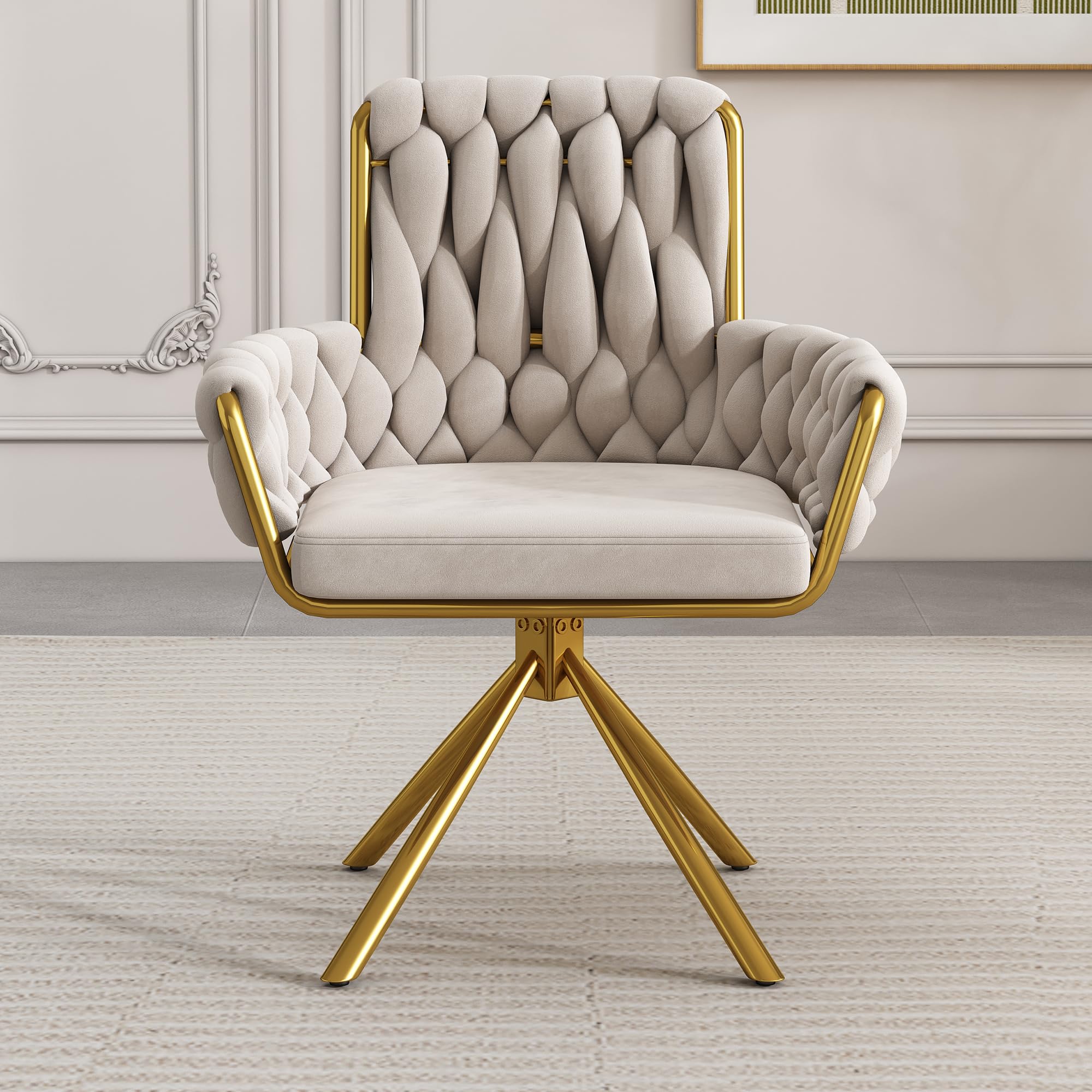 ModernLuxe Dining Chair Set of 1, 360° Swivel Armchair with Metal Support Legs for Dining and Living Room Vanity Beige