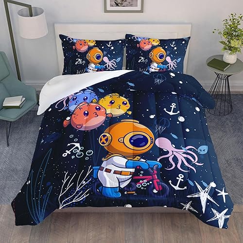 AILONEN Juego de edredón de astronauta de dibujos animados, tamaño individual, lindo juego de ropa de cama de astronauta para niños y niños, cama de