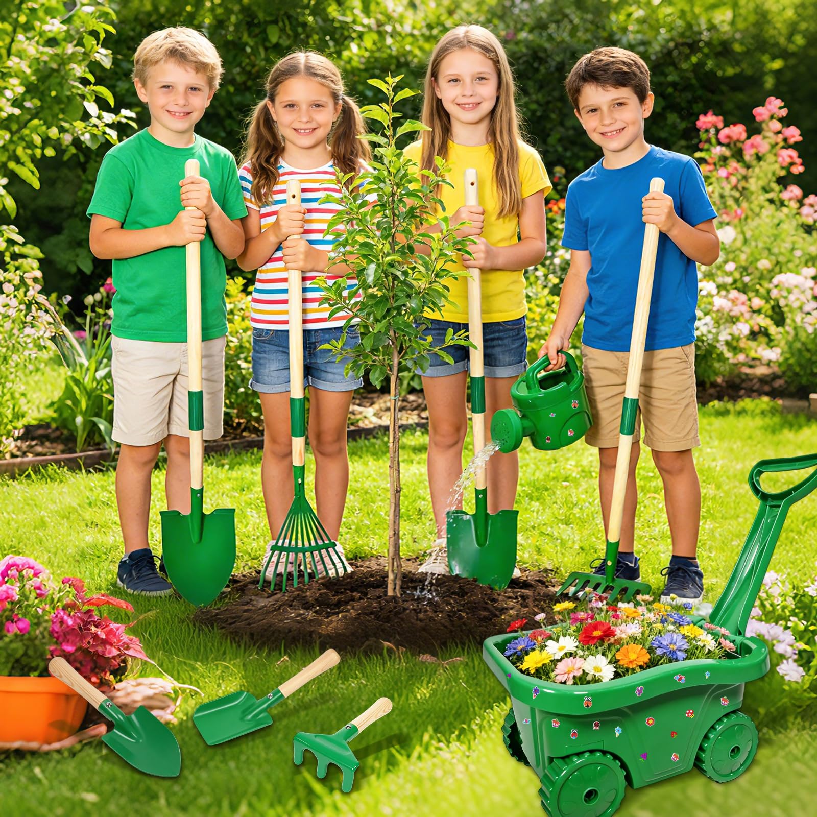 Schubkarre für Kinder, 13-teiliges Gartenwerkzeug Set mit Schaufel, Rechen, Gießkanne, Handschuhe, Sticker (Grün)